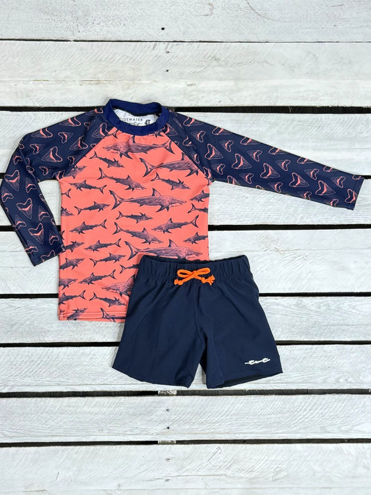 Shark Bite Long Sleeve Rash Guard and Swim Bottom Set