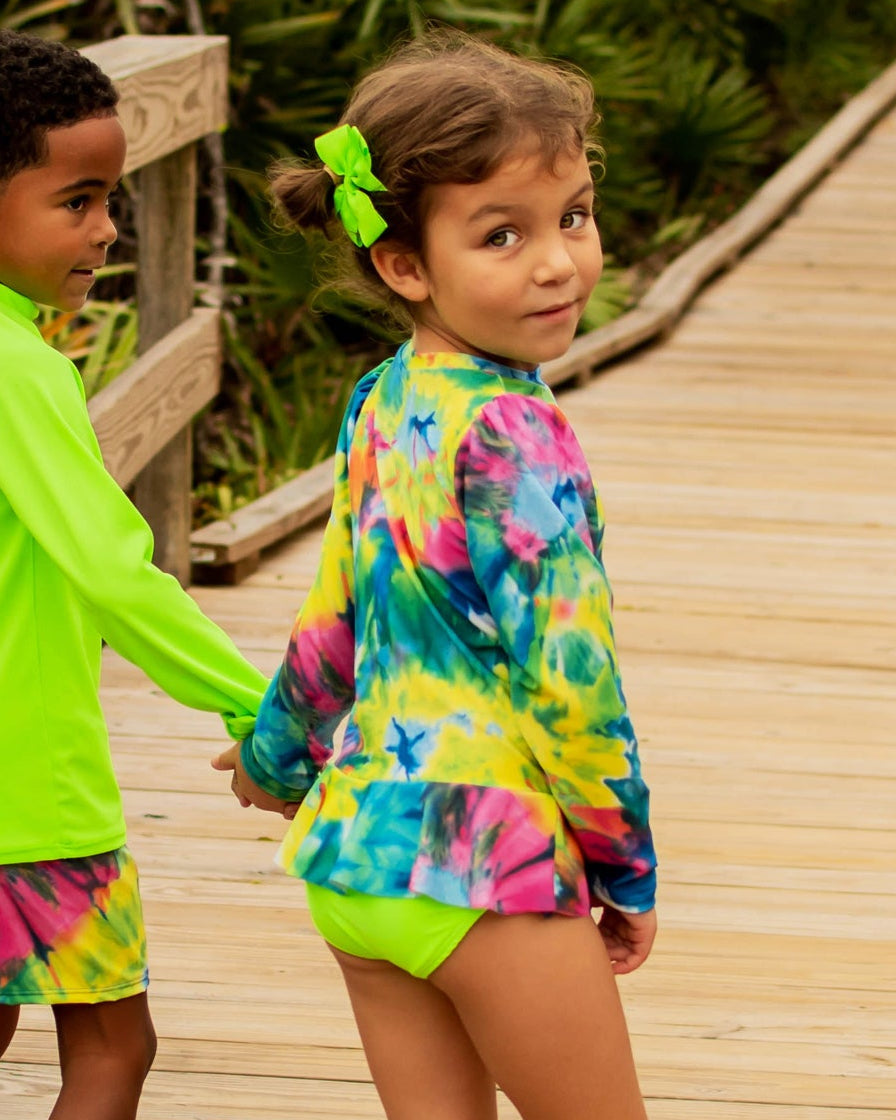 Girls Neon Tie Dye Long Sleeve Sun Shirt with Swim Bottom Set
