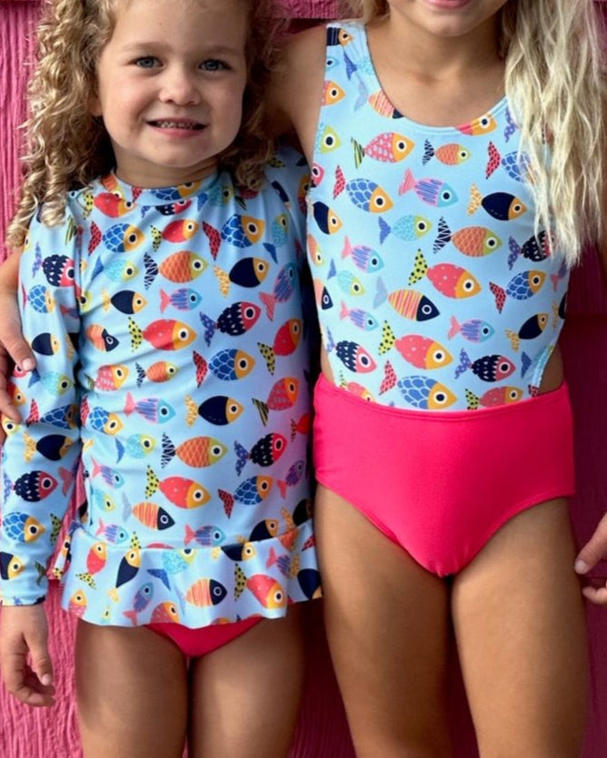 Cute toddler and children's swimwear. Matching sibling swim suit collections. UPF 50 Fabric. Made in the USA!