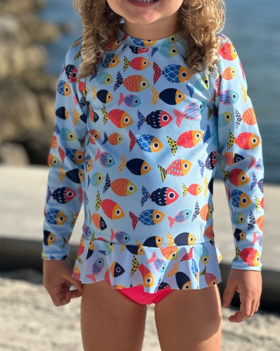 Cute toddler and children's swimwear. Matching sibling swim suit collections. UPF 50 Fabric. Made in the USA!
