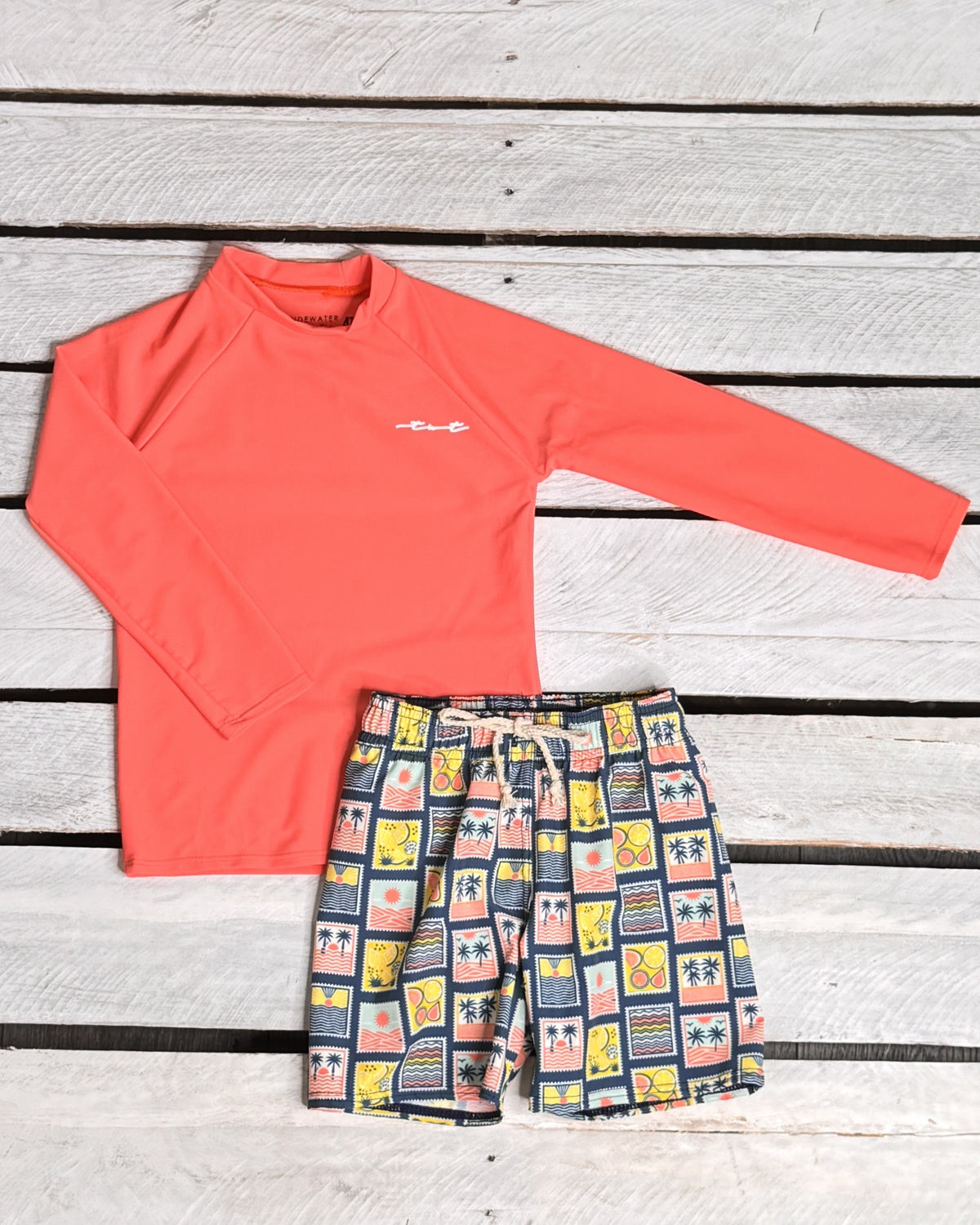 Coastal Stamps Boy Long Sleeve Sun Shirt and Swim Trunk Set