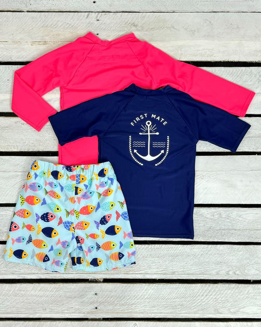 Cute toddler and children's swimwear. Matching sibling swim suit collections. UPF 50 Fabric. Made in the USA!
