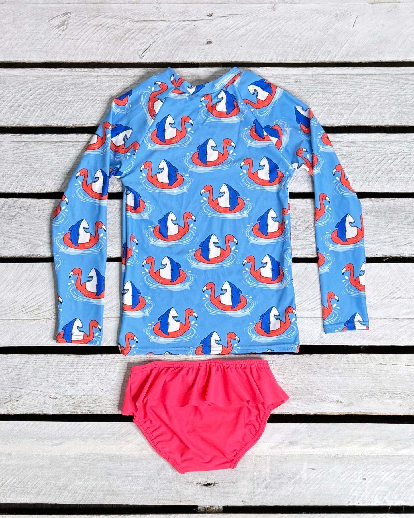 Shark Floatie Girl Long Sleeve Shirt and Ruffled Bottom Set
