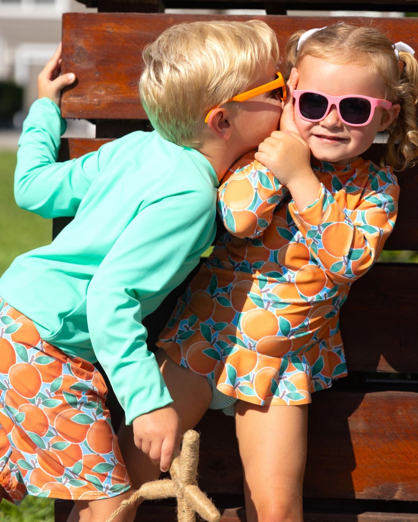 Cute toddler and children's swimwear. Matching sibling swim suit collections. UPF 50 Fabric. Made in the USA!