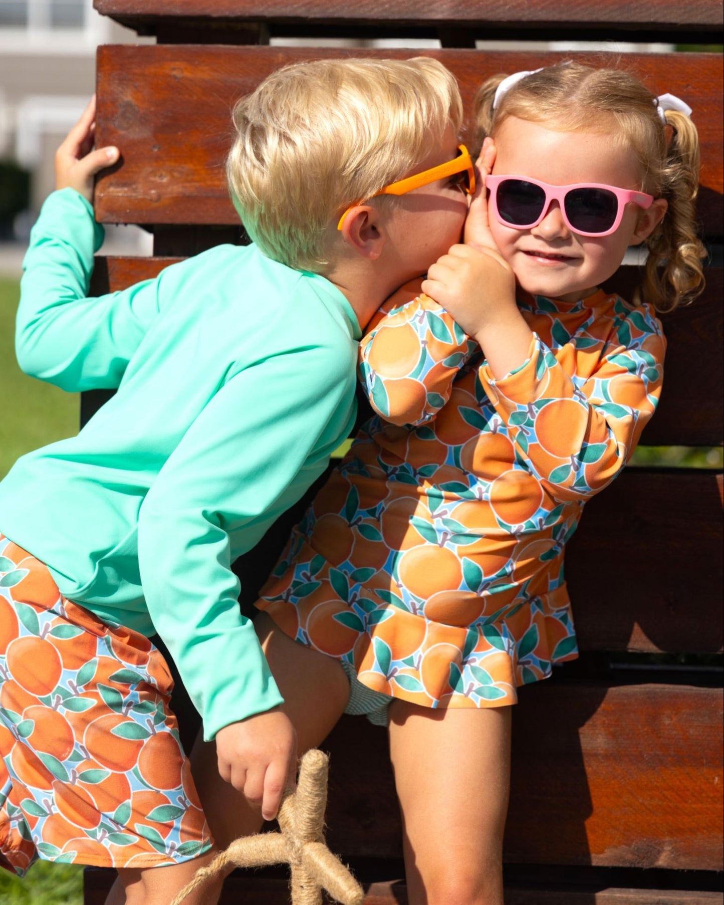 Cute toddler and children's swimwear. Matching sibling swim suit collections. UPF 50 Fabric. Made in the USA!