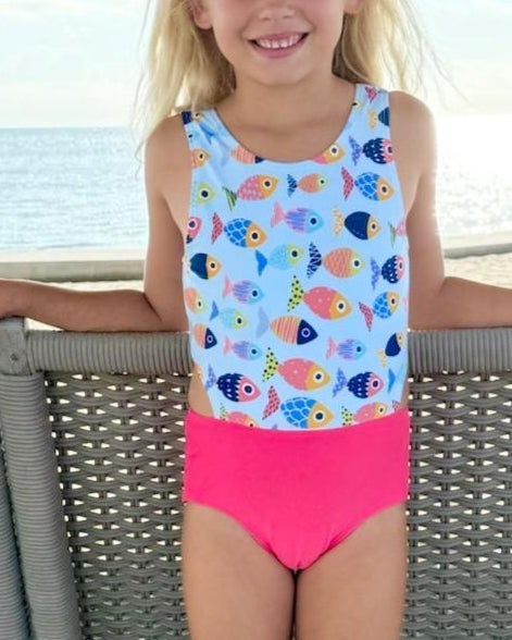 Cute toddler and children's swimwear. Matching sibling swim suit collections. UPF 50 Fabric. Made in the USA!