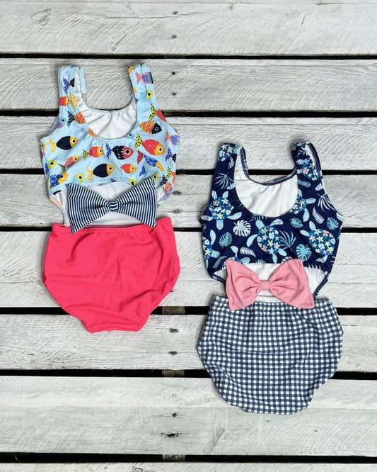 Cute toddler and children's swimwear. Matching sibling swim suit collections. UPF 50 Fabric. Made in the USA!