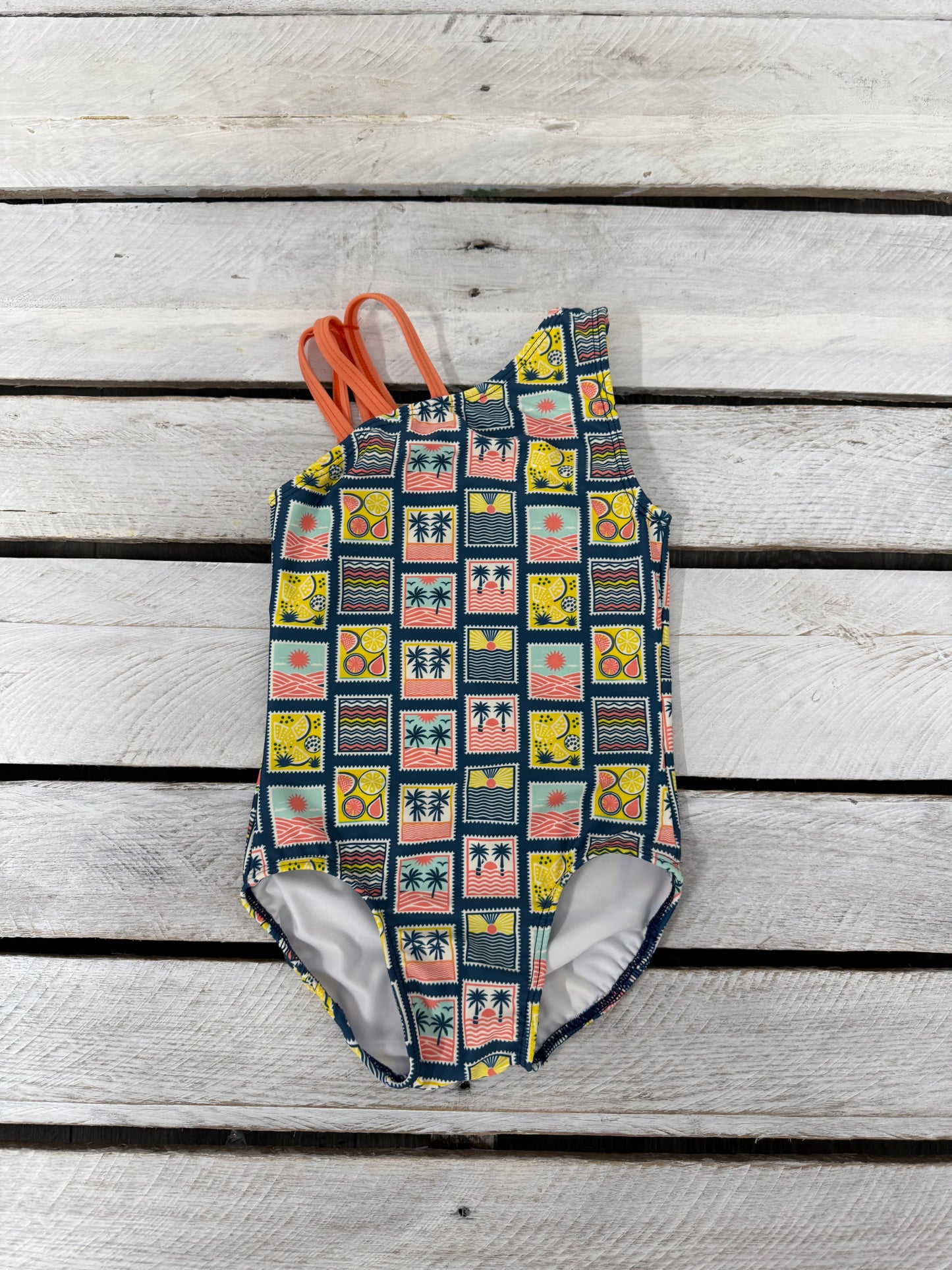 Coastal Stamps Girl Asymmetric Strappy One Piece