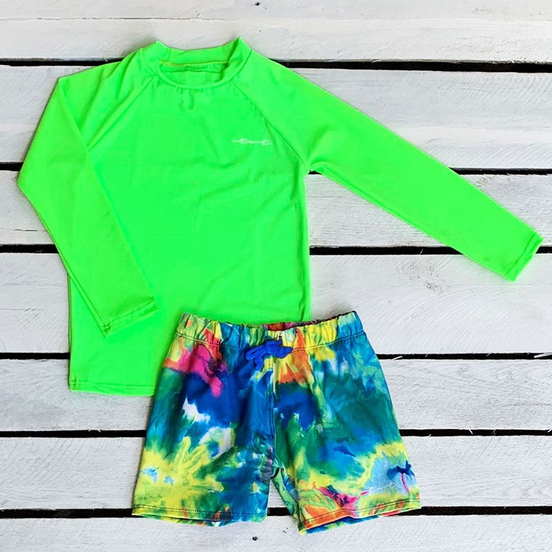 Neon Tie Dye Boy Sun Shirt and Trunk Set
