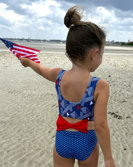 Cute toddler and children's swimwear. Matching sibling swim suit collections. UPF 50 Fabric. Made in the USA!