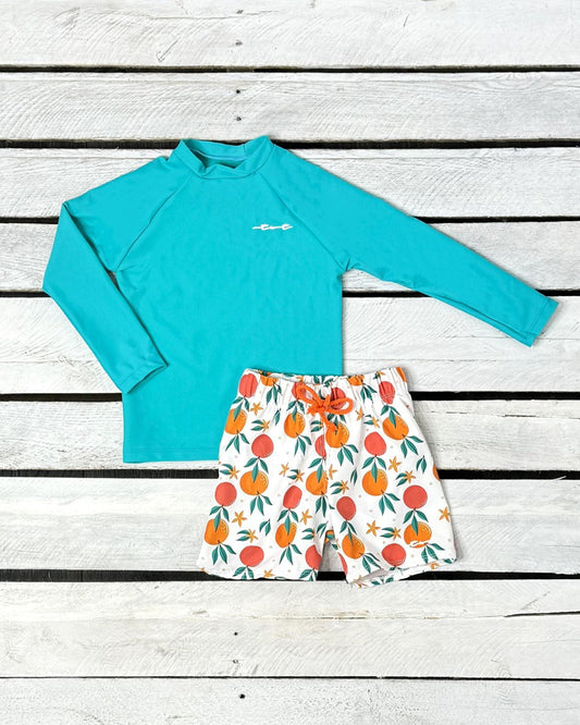 Cute toddler and children's swimwear. Matching sibling swim suit collections. UPF 50 Fabric. Made in the USA!
