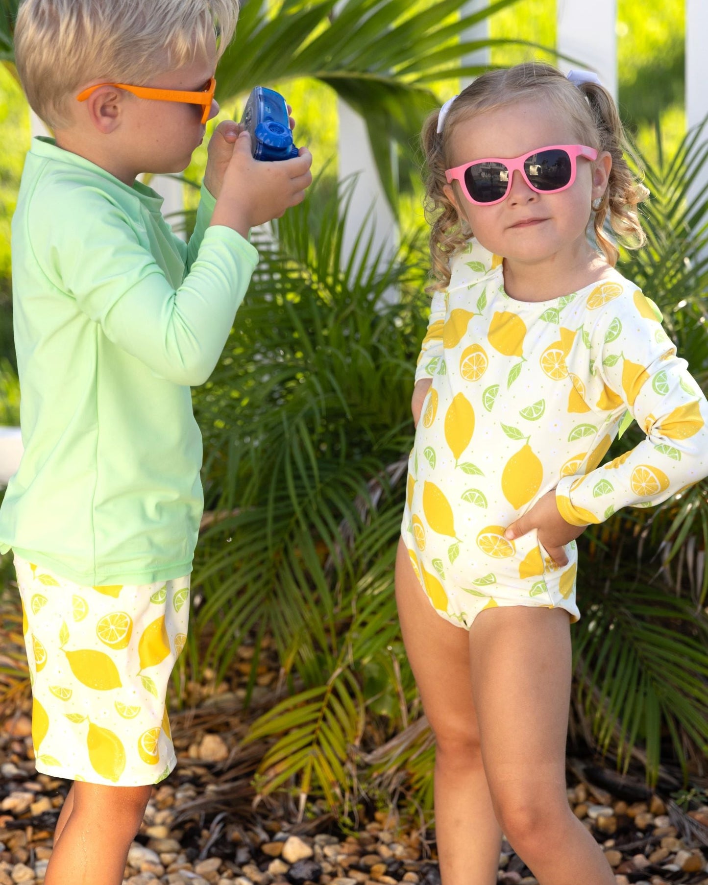 Cute toddler and children's swimwear. Matching sibling swim suit collections. UPF 50 Fabric. Made in the USA!