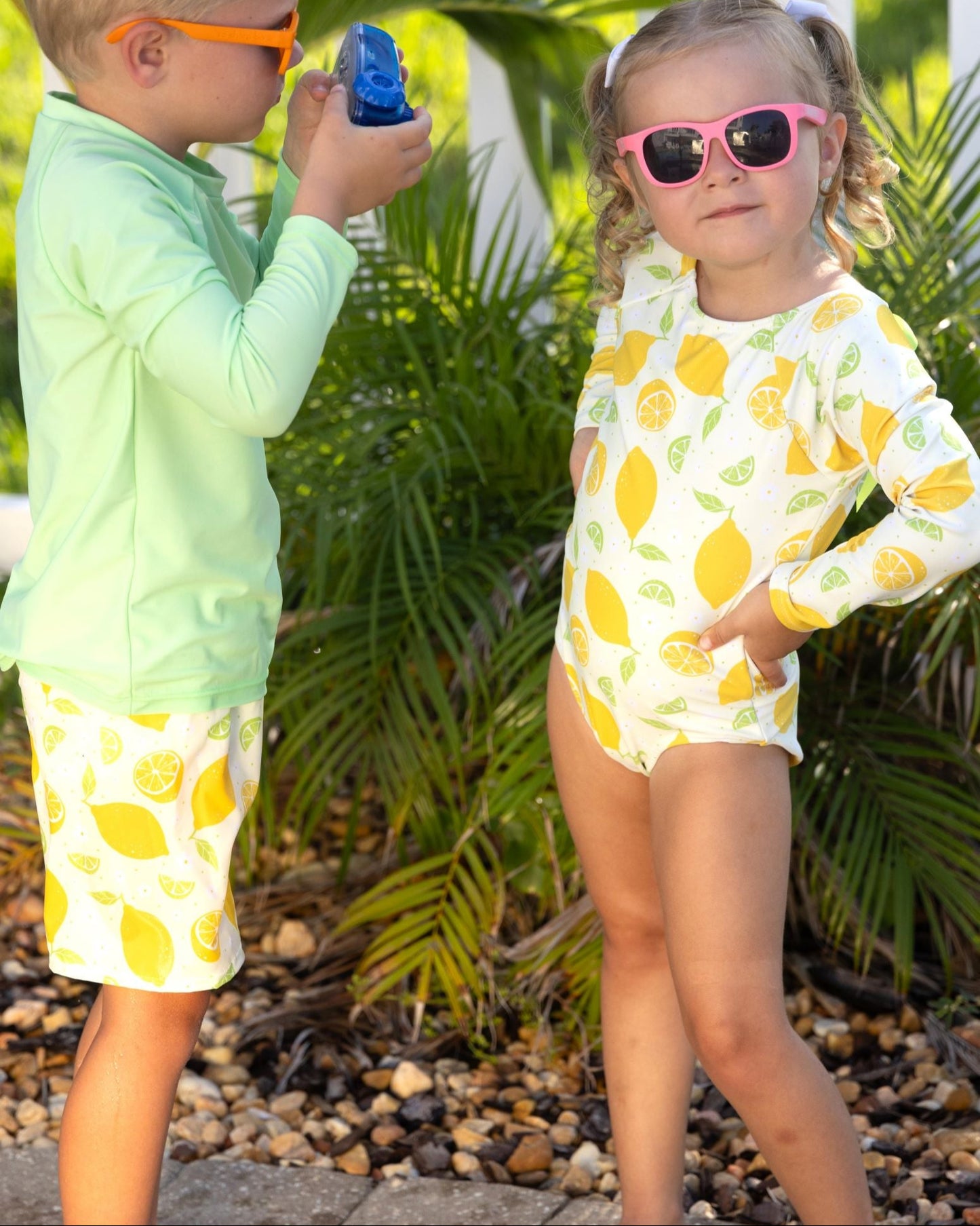 Cute toddler and children's swimwear. Matching sibling swim suit collections. UPF 50 Fabric. Made in the USA!