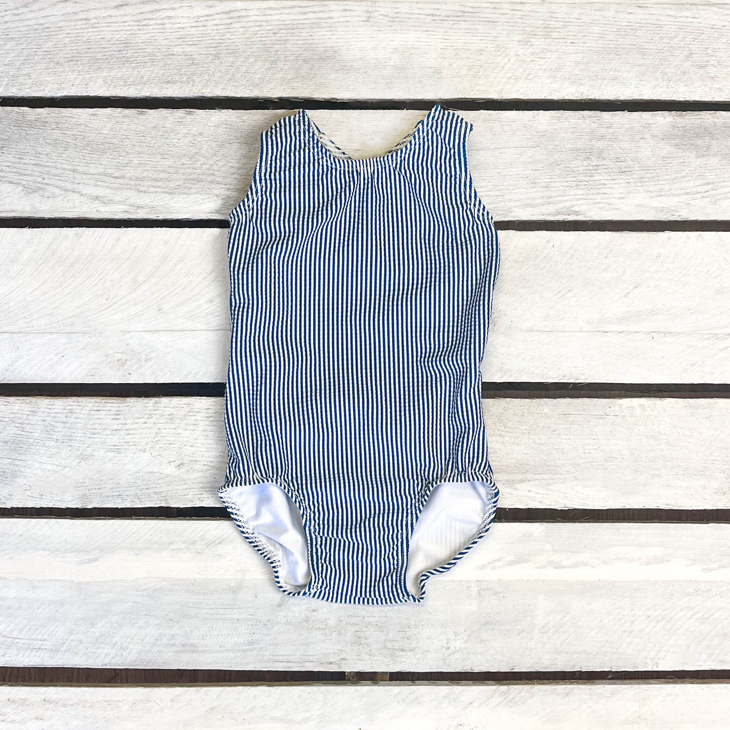 Coastal Seersucker Girls Criss Cross Open Back Swimsuit
