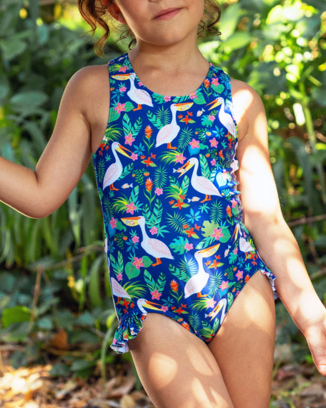 Cute toddler and children's swimwear. Matching sibling swim suit collections. UPF 50 Fabric. Made in the USA!