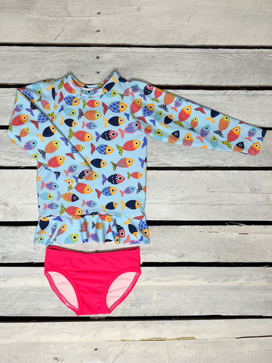Colorful Fish Long Sleeve Sun Shirt and Swim Bottom Set