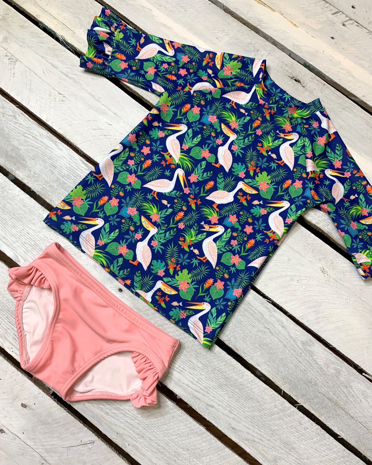 Pelicans in Paradise Ruffle Half Sleeve Sun Shirt and Ruffle Swim Bottom Set