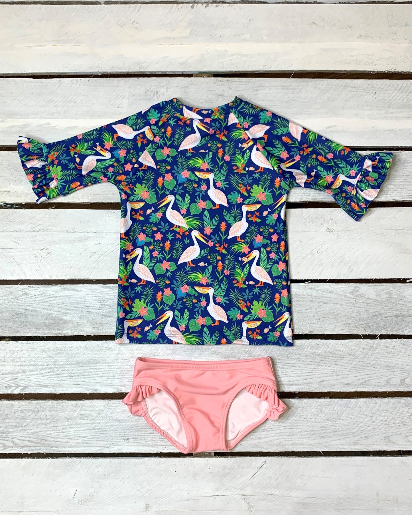 Pelicans in Paradise Ruffle Half Sleeve Sun Shirt and Ruffle Swim Bottom Set