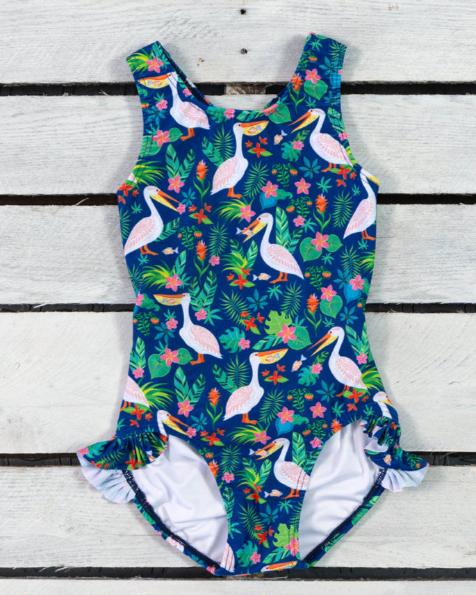 Cute toddler and children's swimwear. Matching sibling swim suit collections. UPF 50 Fabric. Made in the USA!