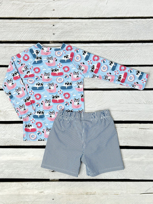 Pool Pups Boys Printed Long Sleeve Sun Shirt and Swim Trunk Set