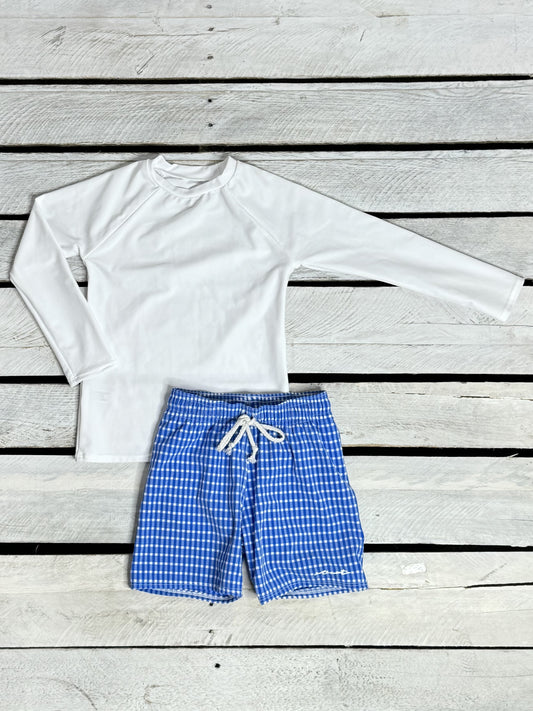 Texture Gingham Boys Long Sleeve Sun Shirt and Swim Trunks