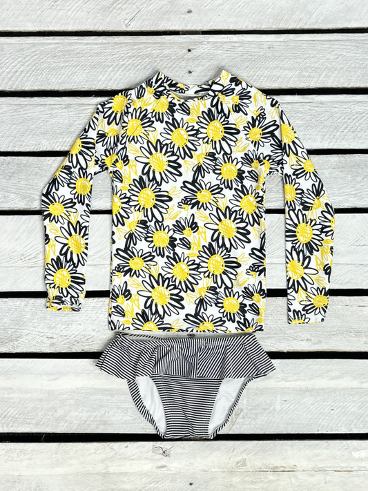 Sunflower Sketch Girls Long Sleeve Sun Shirt and Skirted Bottom