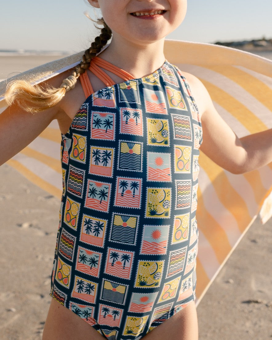 Coastal Stamps Girl Asymmetric Strappy One Piece