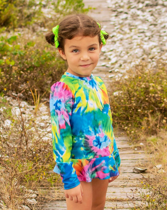 Girls Neon Tie Dye Long Sleeve Sun Shirt with Swim Bottom Set