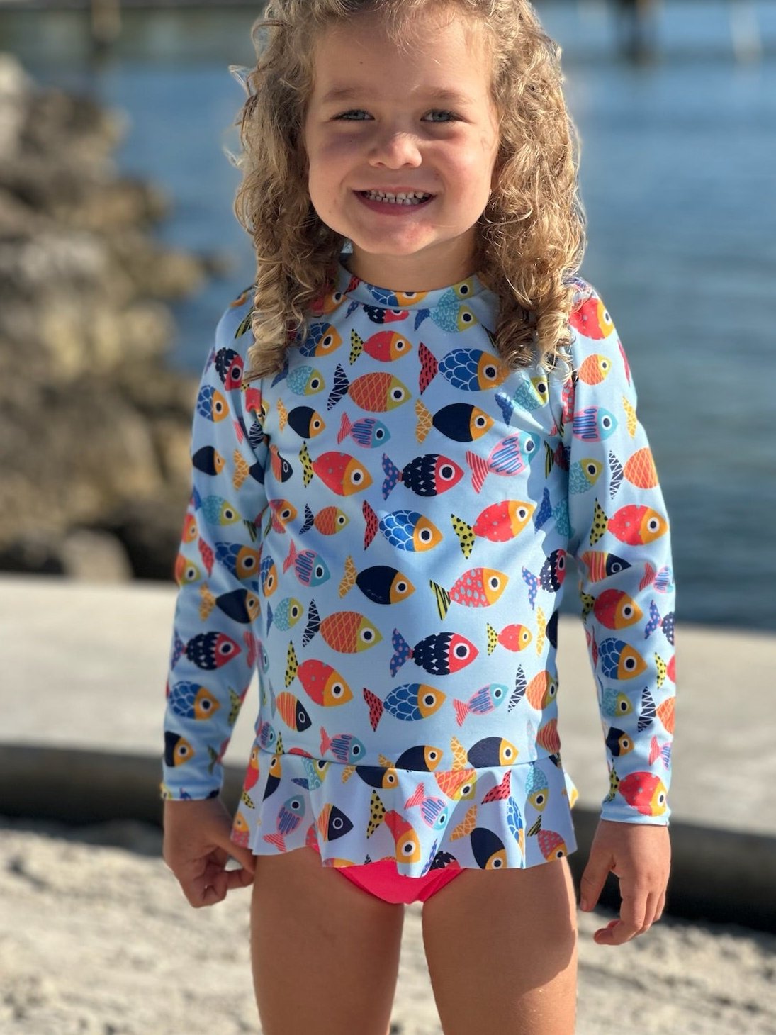 Colorful Fish Long Sleeve Sun Shirt and Swim Bottom Set