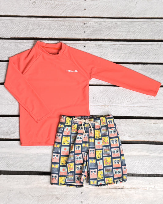 Coastal Stamps Boy Long Sleeve Sun Shirt and Trunk Set