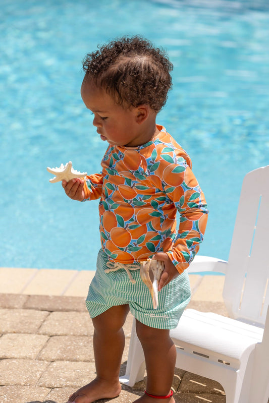 Cuties Print Boys Long Sleeve Sun Shirt and Swim Trunks