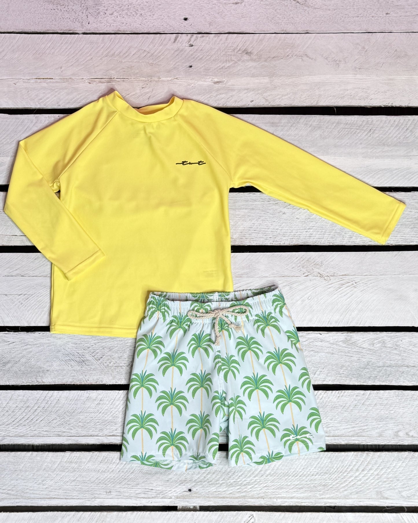Palm Tree Boys Long Sleeve Sun Shirt and Swim Trunks