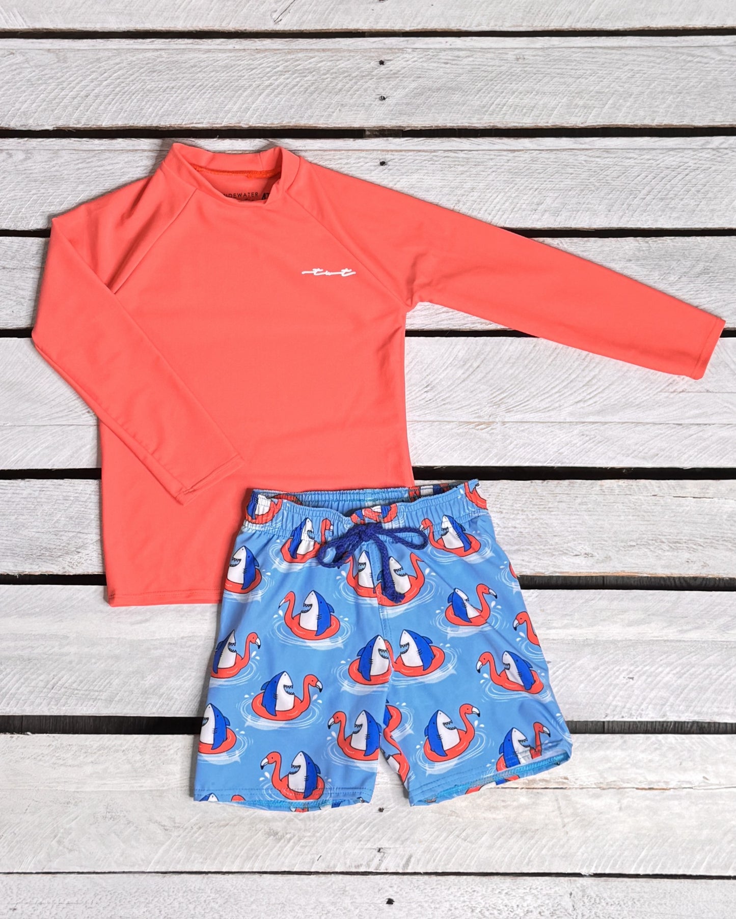 Shark Floatie Boy Long Sleeve Sun Shirt and Trunk Set