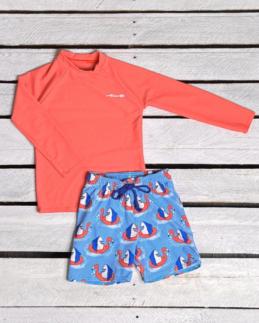 Shark Floatie Boy Long Sleeve Sun Shirt and Trunk Set