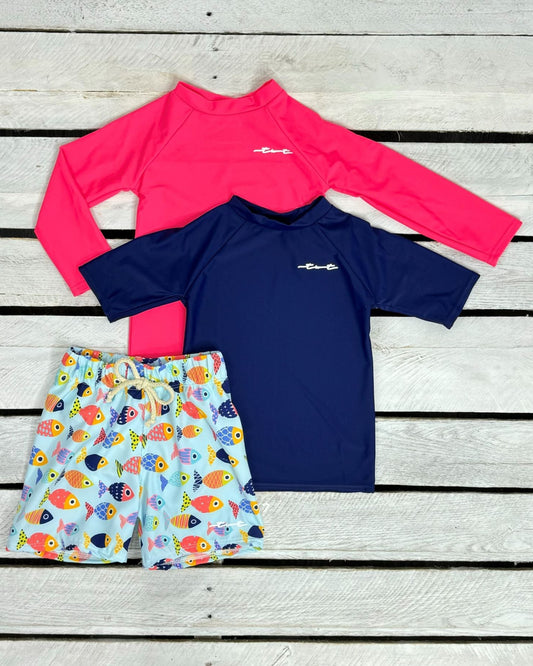 Cute toddler and children's swimwear. Matching sibling swim suit collections. UPF 50 Fabric. Made in the USA!