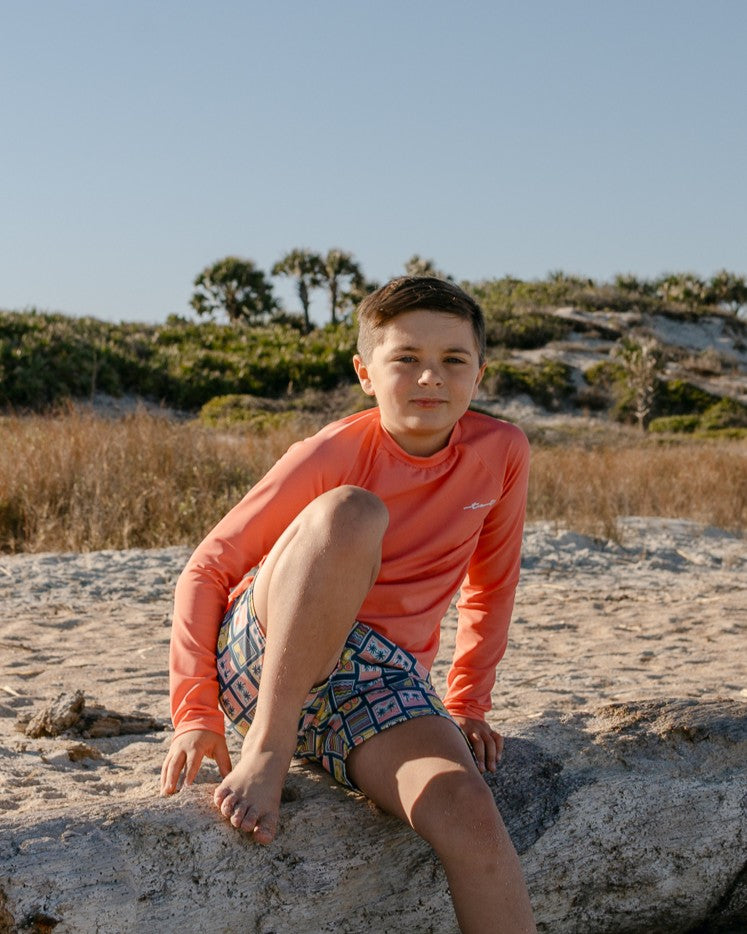 Coastal Stamps Boy Long Sleeve Sun Shirt and Swim Trunk Set