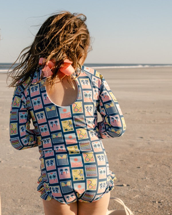 Coastal Stamps Girl Long Sleeve One Piece with Ribbon