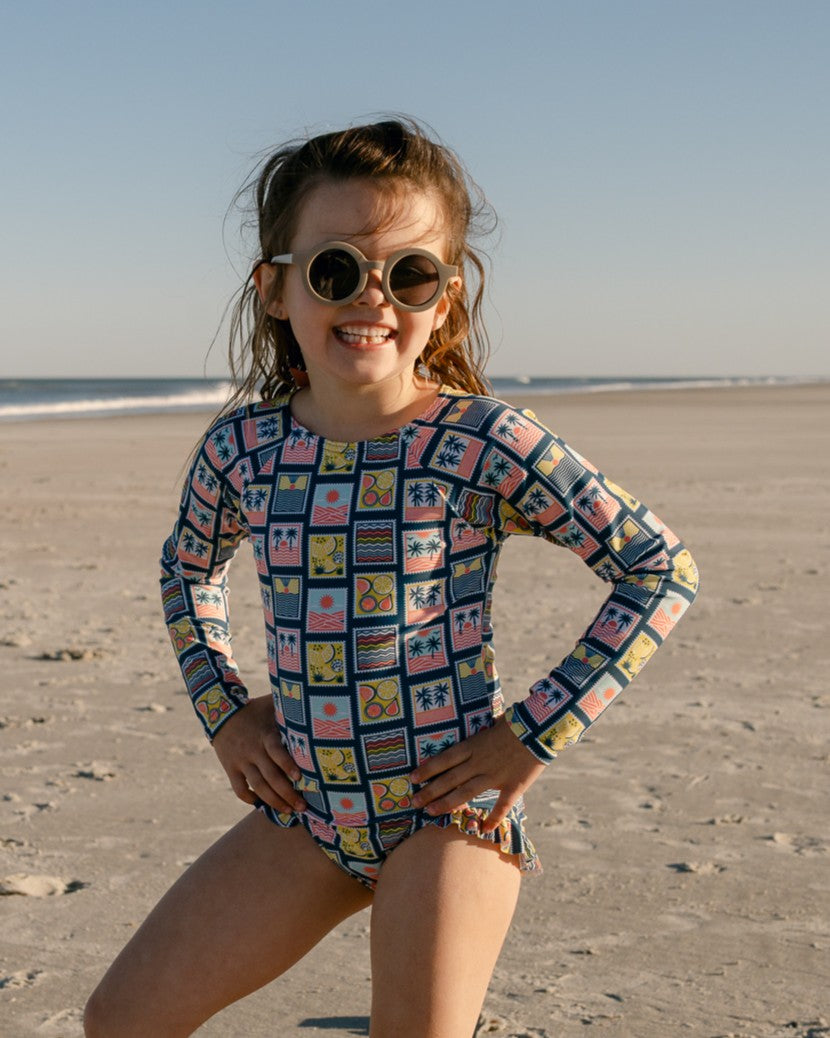Coastal Stamps Girl Long Sleeve One Piece with Ribbon