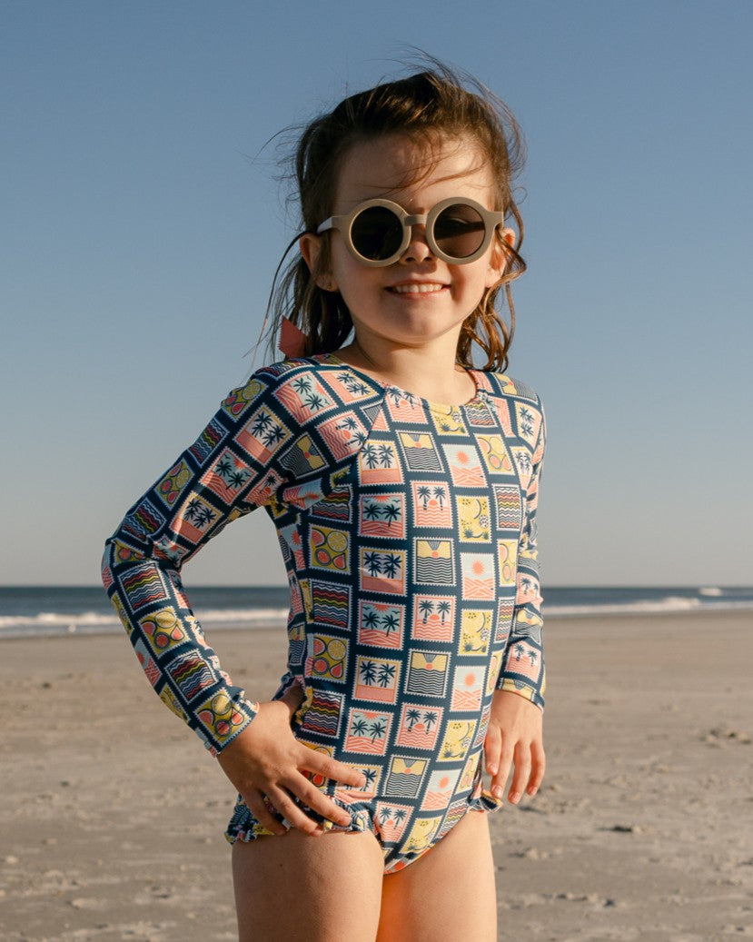 Coastal Stamps Girl Long Sleeve One Piece with Ribbon