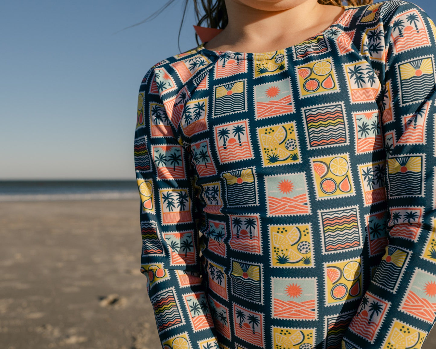 Coastal Stamps Girl Long Sleeve One Piece with Ribbon