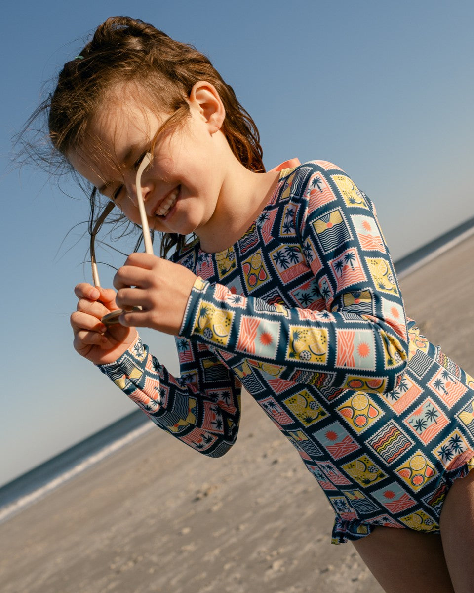 Coastal Stamps Girl Long Sleeve One Piece with Ribbon