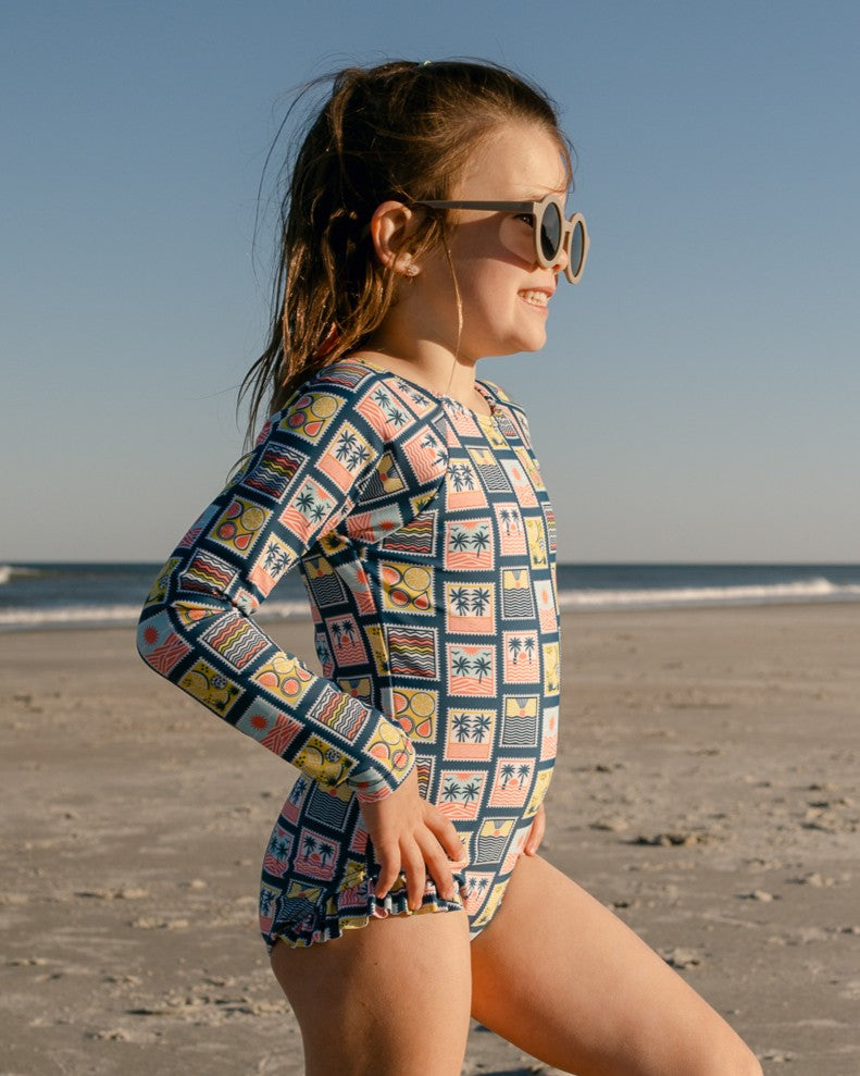 Coastal Stamps Girl Long Sleeve One Piece with Ribbon