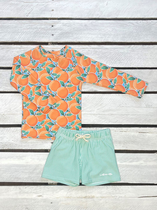 Cuties Print Boys Long Sleeve Sun Shirt and Swim Trunks