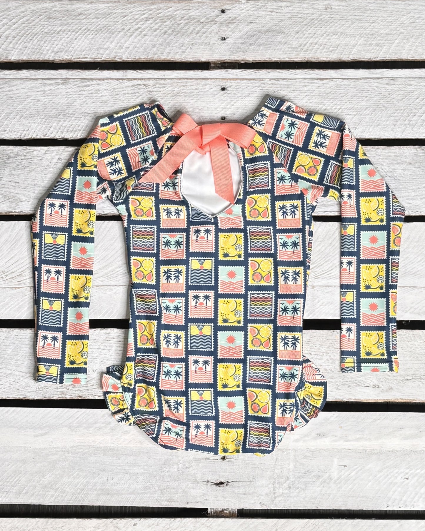 Coastal Stamps Girl Long Sleeve One Piece with Ribbon