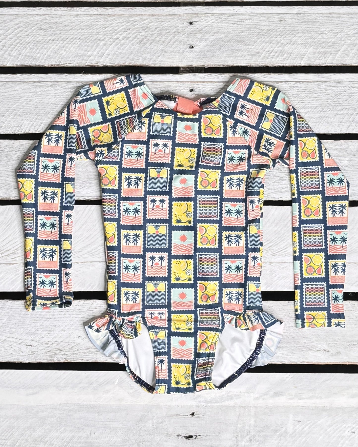 Coastal Stamps Girl Long Sleeve One Piece with Ribbon