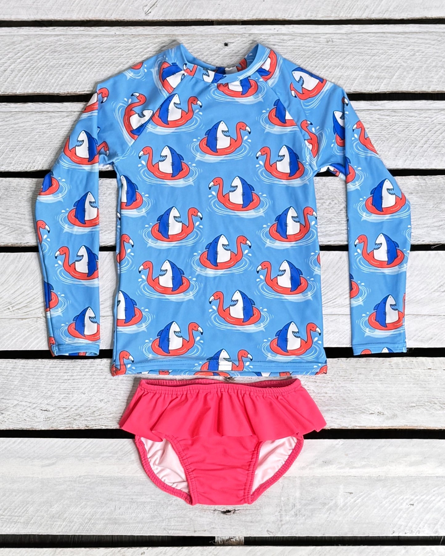 Shark Floatie Girl Long Sleeve Shirt and Ruffled Bottom Set