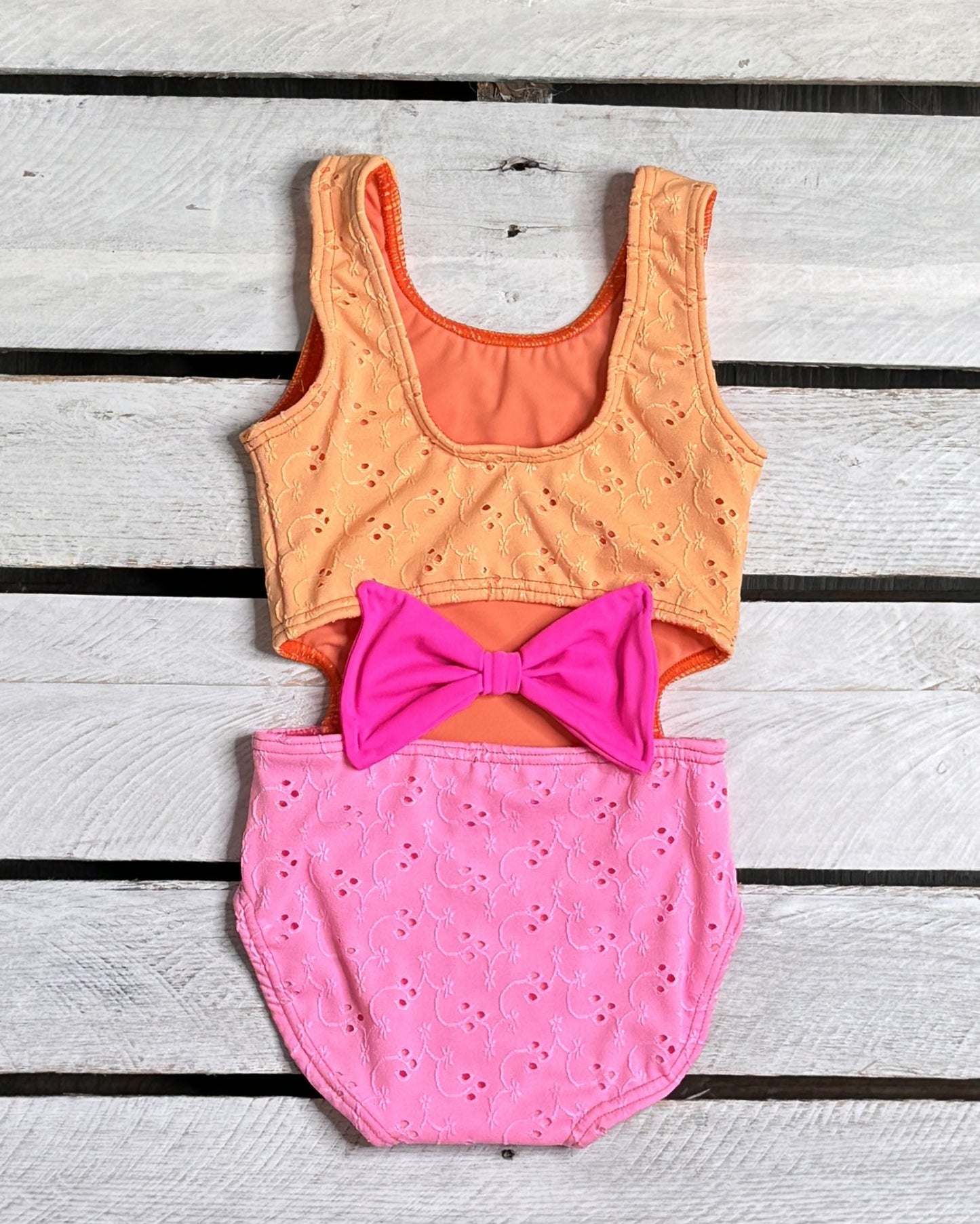 Texture Eyelet Girl Cutout with Bow One Piece