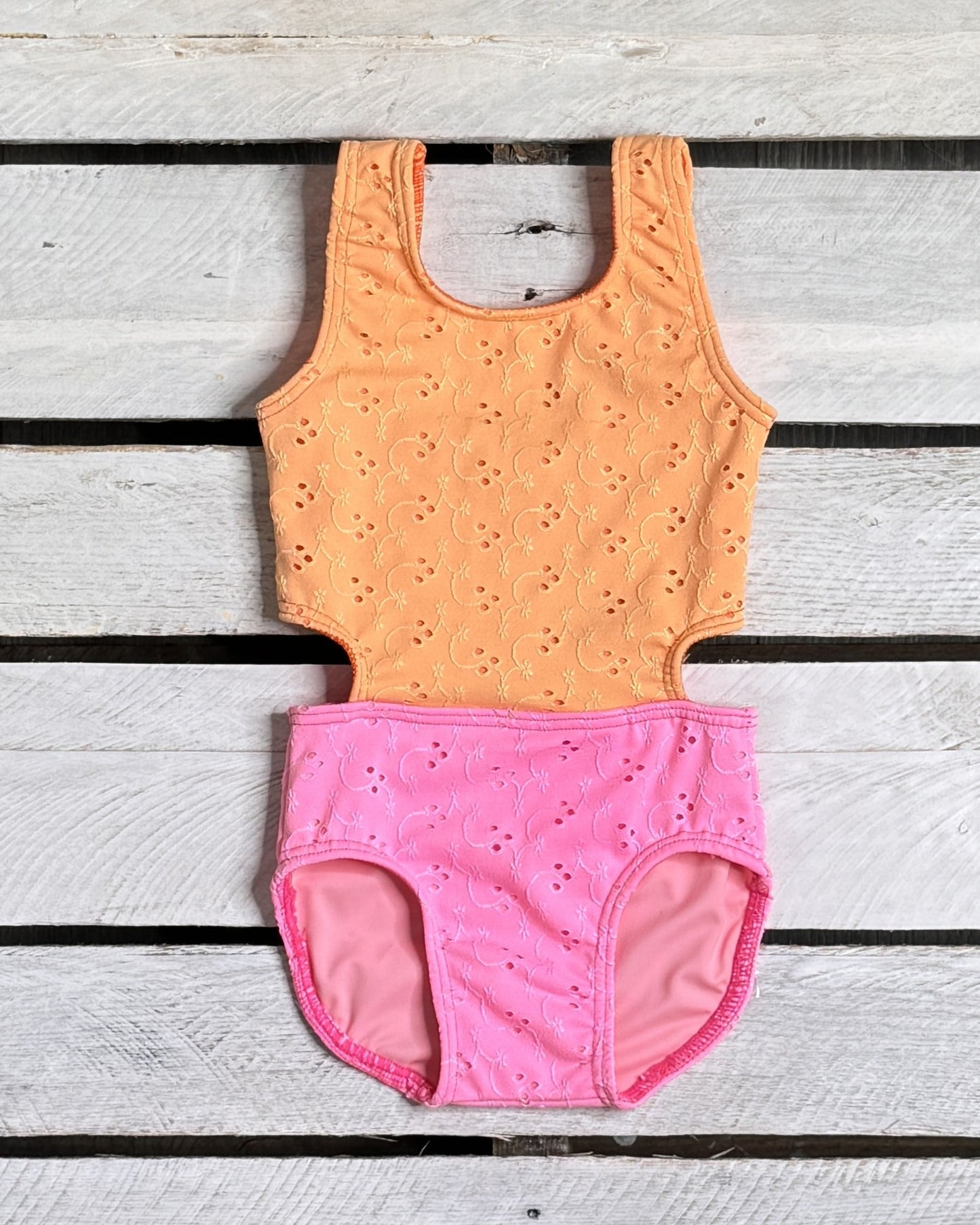 Texture Eyelet Girl Cutout with Bow One Piece
