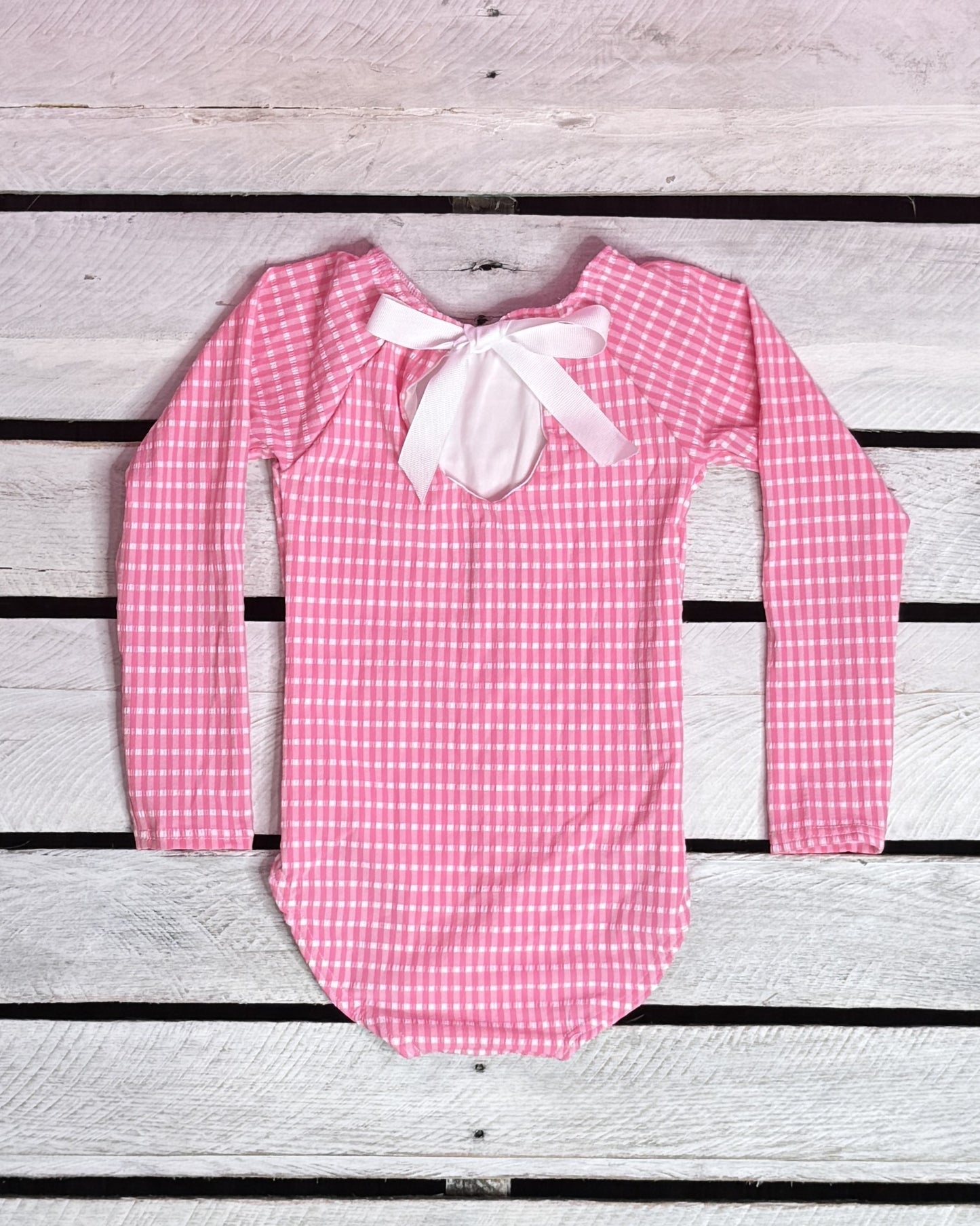 Textured Gingham Girls Long Sleeve with Bow Back