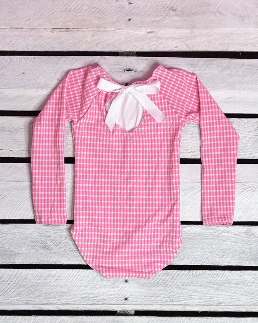 Textured Gingham Girls Long Sleeve with Bow Back